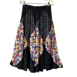 Anthropologie Maeve Patchwork Midi Skirt Women XS Black Floral Polka Dot Dreamer